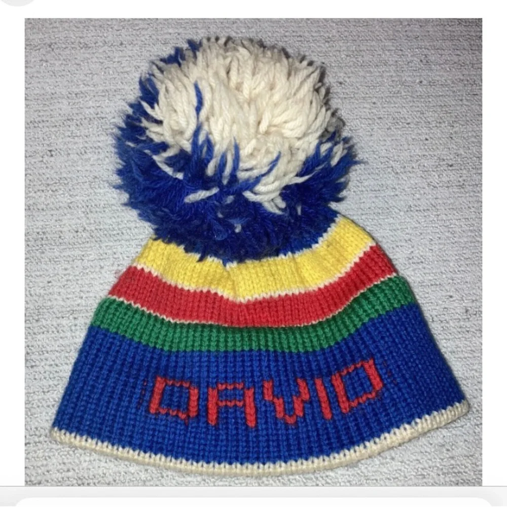 Vintage 70s Boy Rainbow Personalized David Wool Hat Primary Colors Ski Pom Pom